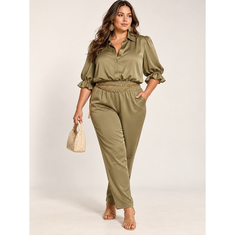 Ramy Brook Dina Olive Satin Button Down Jumpsuit Smocked Waist XXL Glam Luxury